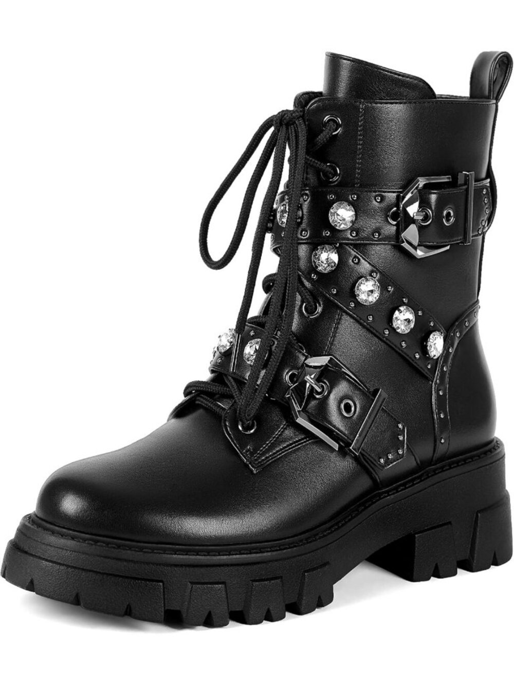Stylish Women's Combat Motorcycle Boots with Rhinestones - Trendy & Durable